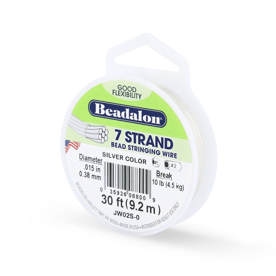 7 Strand Bead Stringing Wire, .015 in / 0.38 mm, Silver Color