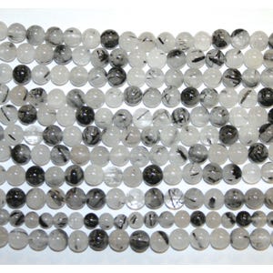 BLACK TOURMALATED QUARTZ ROUND BEADS 8MM