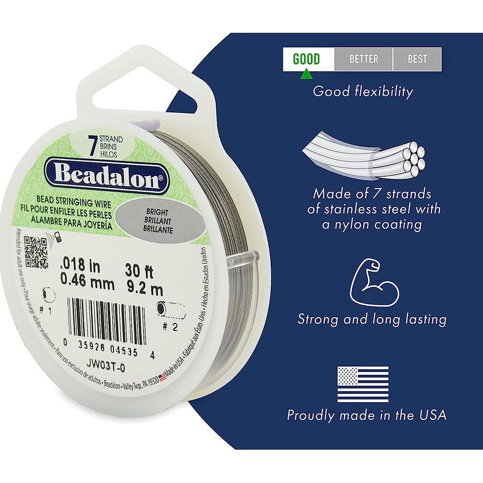 7 Strand Bead Stringing Wire, .020 in / 0.51 mm, Silver Color