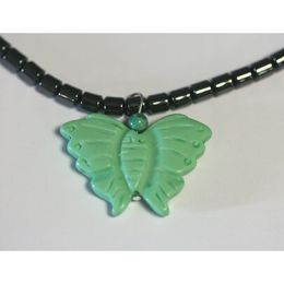 Manmade Hematite Necklace w/Green Butterfly