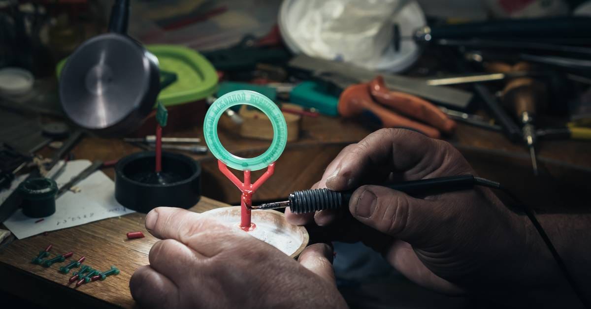 Close-up of two hands working on a finished wax model of a blue circle placed over a thin red base on a table workspace.