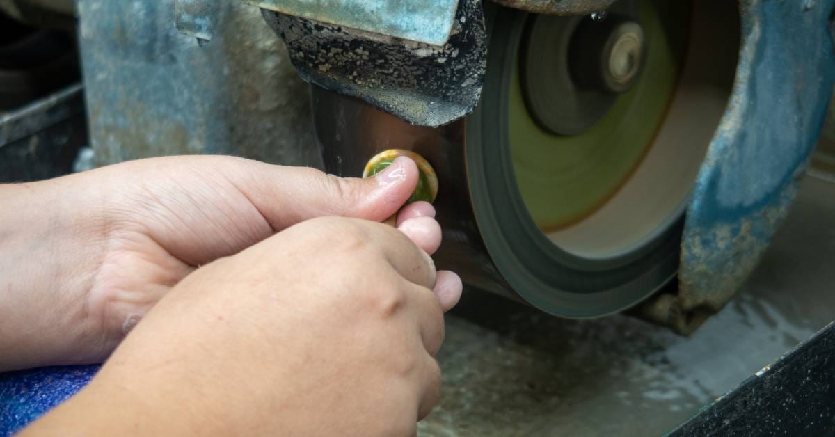Two hands use a dop stick with a rock. They are shaping it with a large green rock grinder and a large disk over a table.